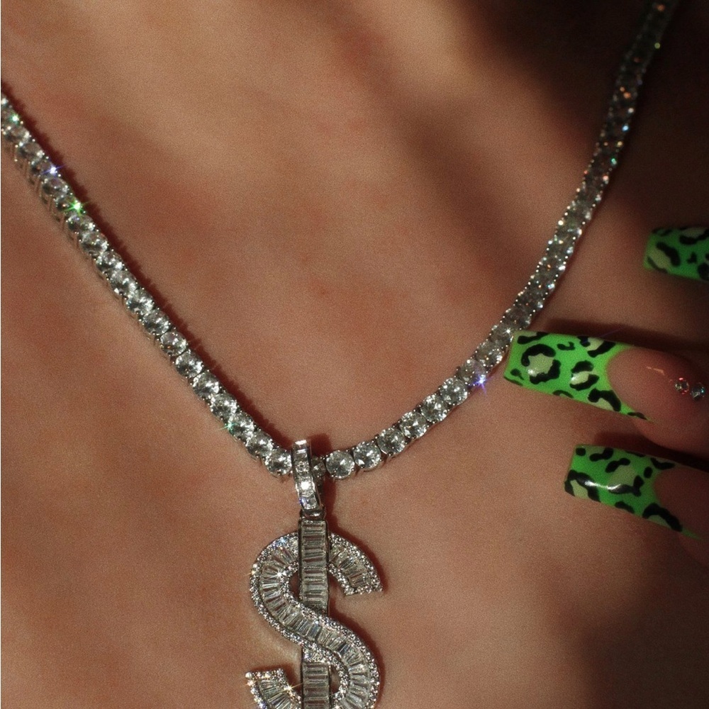 Silver Dollar Sign tennis Necklace 16inch